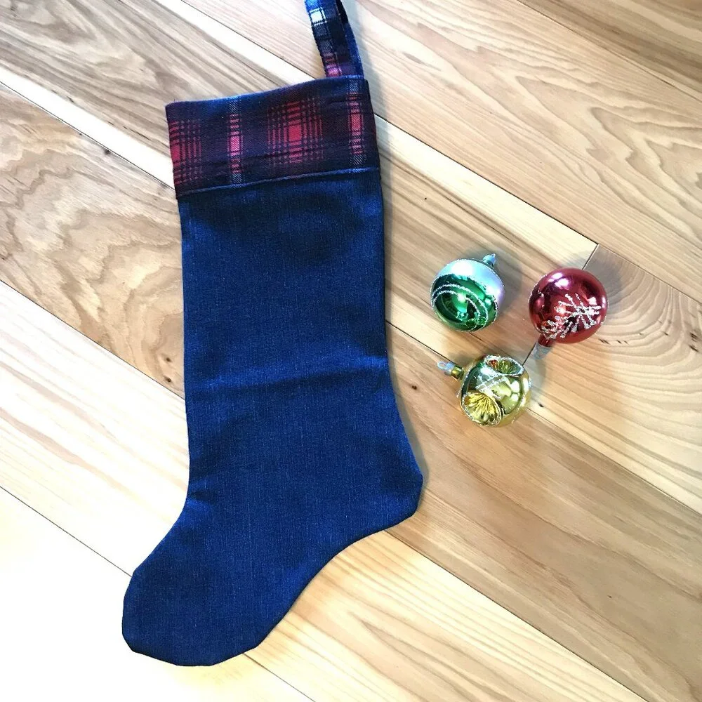 Recycled Denim Christmas Stocking, Lake Cabin Decor Pontoon Fishing Boat